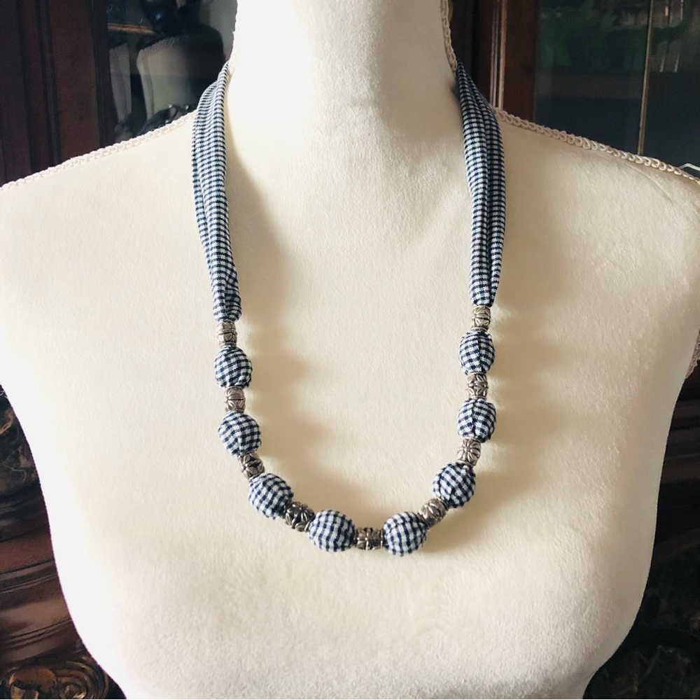 Country Girl black and white plaid fabric covered bead necklace